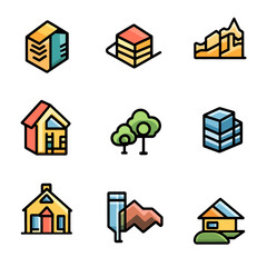 Poster - Colorful Icon Set: Buildings, Houses, Trees, and Illustrations