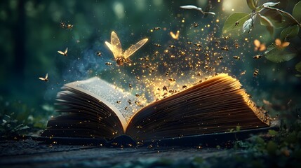 Poster - a photograph depicting an open book releasing a swarm of bioengineered insects glowing with microsco