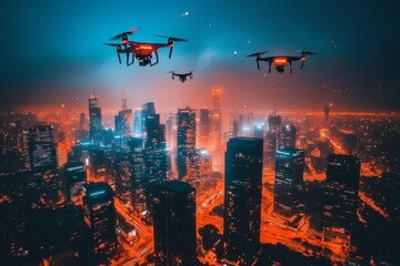 Poster - Drones flying above a vibrant cityscape illuminated at night showcasing a mesmerizing urban skyline