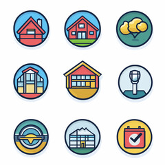 Poster - Vector icon set of colorful houses, landscape, and calendar, design elements