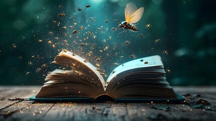 Poster - Photograph capturing an open book releasing a swarm of glowing microscopic circuit infused insects designed for environmental and scientific purposes  The image explores the intersection of nature