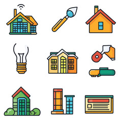Poster - Vector Icons of Houses, Buildings, Utilities, and Design Elements