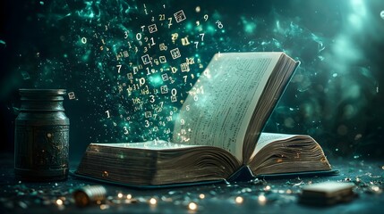 Poster - A captivating photograph showcasing an open book with numbers cascading like a magical waterfall forming intricate mathematical sequences prime number spirals and glowing golden rectangles