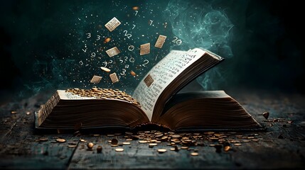 Poster - A captivating photograph showcasing an open book with numbers cascading like a waterfall forming intricate mathematical sequences prime number spirals and glowing golden rectangles