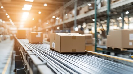Poster - Cardboard boxes moving on conveyor belt in distribution warehouse