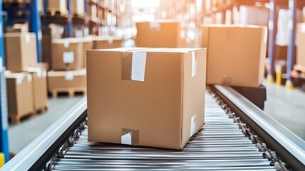 Aufkleber - Cardboard box moving on conveyor belt in distribution warehouse