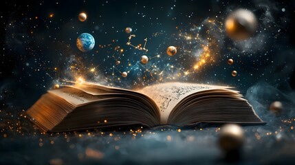 Poster - Open book with mathematical symbols and diagrams transforming into a detailed celestial map representing the interconnected nature of trigonometry planetary orbits