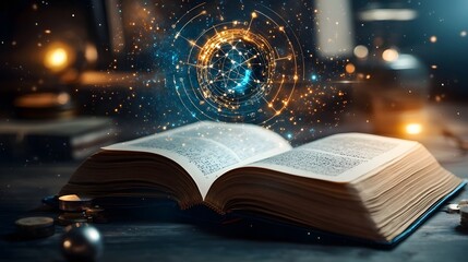 Poster - Celestial Transformation An Open Book Revealing the Connection Between Mathematical Symbols and Cosmic Patterns in the Universe