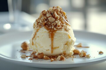 Aufkleber - Creamy vanilla ice cream topped with caramel and crushed nuts for a delicious dessert treat
