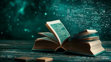 Poster - An open book forming a bridge of mathematical knowledge connecting ancient Greek geometry modern data science and futuristic AI driven calculations symbolizing the continuum of intellectual discovery
