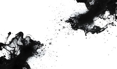 Poster - Abstract black ink splashes on a white background create a dynamic artistic effect.