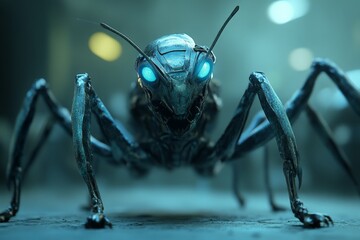 Aufkleber - Giant robotic ant with glowing blue eyes in a futuristic urban environment during nighttime