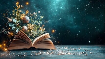 Poster - Photograph showcasing an open book that generates a holographic observatory where scientists analyze distant exoplanets cosmic radiation