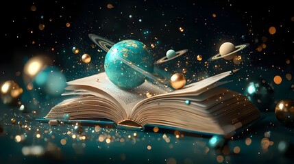 Poster - An open book revealing a magnificent celestial clockwork with planets orbiting in perfect harmony representing the intricate laws of astrophysics and the mysteries of time