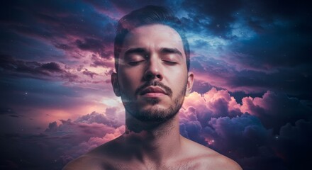 Wall Mural - serene man dreaming of cosmos - a man with eyes closed, serene expression, superimposed over a vibra