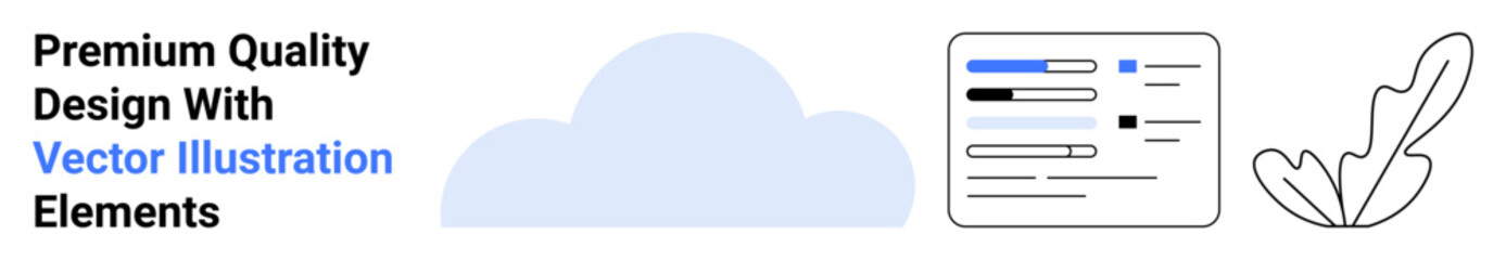 Cloud graphic, user interface dashboard with sliders and text, abstract plant outline. Ideal for technology, UXUI design, web development, online services, creative projects, innovation flat landing