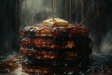 Aufkleber - Stack of fluffy pancakes drizzled with syrup and topped with butter against a dark background