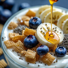 Poster - Healthy breakfast. Creamy yogurt with crunchy flakes, sliced ​​ripe banana, blueberries and a sprinkling of chia seeds.