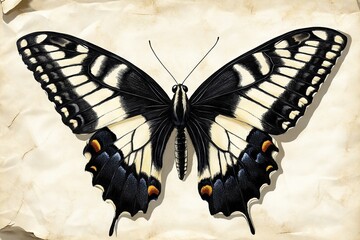 Poster - Detailed illustration of a black and white butterfly perched on a textured surface showcasing its intricate wing patterns