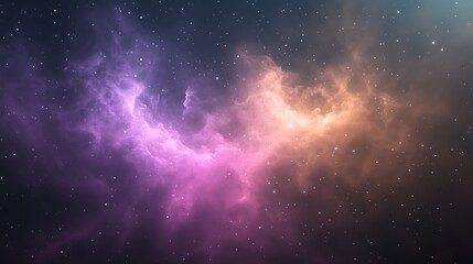 Poster - Vibrant cosmic clouds of purple and orange illuminated by distant stars in a dark space background.