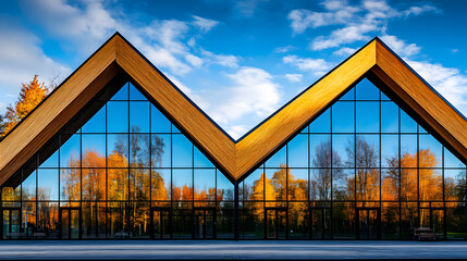 Fototapete - A modern building with striking triangular roofs and large glass windows, reflecting colorful autumn trees against a bright blue sky