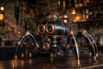 Poster - Unique steampunk robotic spider on display in an industrial bar setting at night