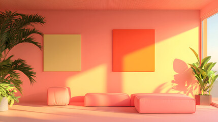 Poster - A vibrant, modern interior featuring peach walls, colorful artwork, and lush greenery, creating a warm and inviting atmosphere