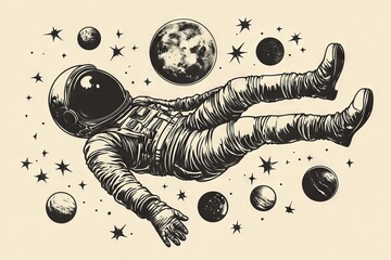 Poster - Astronaut floating in space surrounded by stars and planets creates a captivating cosmic scene