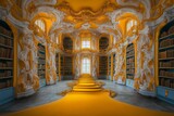 Stunning baroque library features ornate architecture and vibrant yellow accents in a historic setting