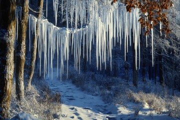 Poster - Icicles hang from tree branches along a snow-covered forest path in winter sunlight