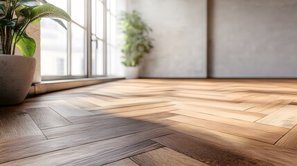 Poster - Empty room with herringbone parquet floor and plants by the window