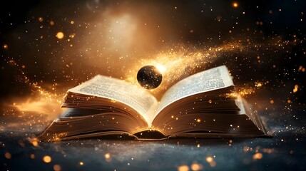 Poster - Cosmic Book A Surreal Vision of a Black Hole Emerging from an Open Volume Distorting Light and Space Time with Swirling Cosmic Dust and Gravitational Waves