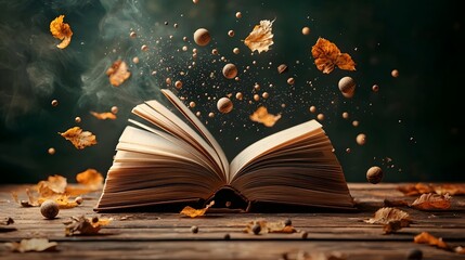 Poster - An open book forming a levitating gyroscope representing the principles of angular momentum rotational dynamics and the conservation of energy in motion