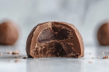 Poster - Delicious chocolate truffle cut in half exposing rich filling on a marble countertop with truffles in the background