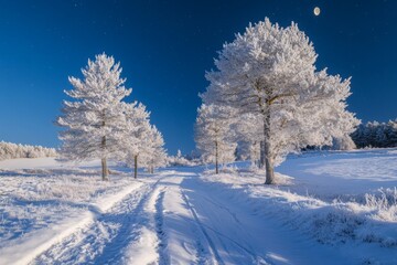 Poster - Snow-covered path lined with frosted trees on a clear winter night under a bright moon
