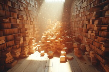 Aufkleber - Books stacked and illuminated in a quiet library corner during sunlight hours