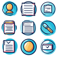 Poster - Set of Hand-Drawn Icons: Documents, Profile, and Tools on Blue Circles
