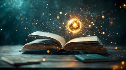 Aufkleber - glowing atomic nucleus at the heart of an open book with electrons orbiting dynamically and fusion r