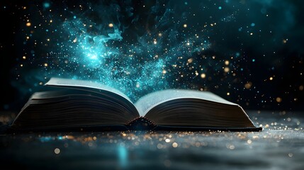 Poster - Innovative and Futuristic Image of an Open Book Revealing a Holographic Periodic Table of Elements that Glow and Interact Dynamically Symbolizing the Wonders of Science and Technology