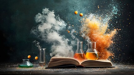 Poster - Captivating photograph showcasing an open book with colorful dynamic chemical reactions unfolding on its pages  Featuring bubbling test tubes beakers