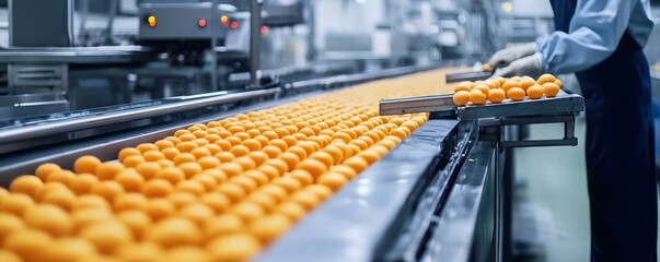 Poster - Food factory worker sorting oranges on conveyor belt