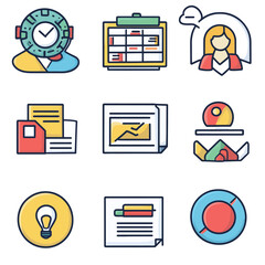 Poster - Business icons of a chart, document, calendar, and light bulb.