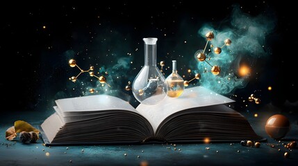 Poster - Futuristic Chemistry Lab Emerges from Transforming Open Book Showcasing Advanced Molecular Research and Nanomaterial Experimentation in a Cutting Edge Scientific Digital