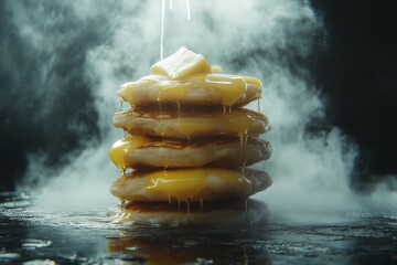 Aufkleber - Stack of fluffy pancakes drizzled with syrup and topped with butter in a misty setting