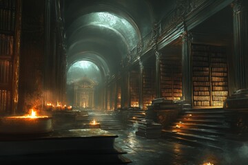 Poster - Mystical library filled with ancient books and flickering candles in a dimly lit hall at night