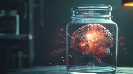 Fototapete - A jar filled with a brain is lit up with bright colors. The jar is on a table and the brain is surrounded by sparks. Concept of wonder and curiosity about the brain and its functions