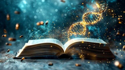 Poster - a captivating image showcasing an open book generating a glowing double helix dna strand symbolizing