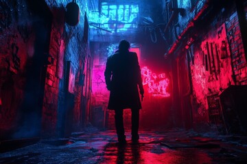 Aufkleber - Dramatic silhouette of a figure in a neon-lit alleyway at night showcasing urban artistry and mysterious atmosphere