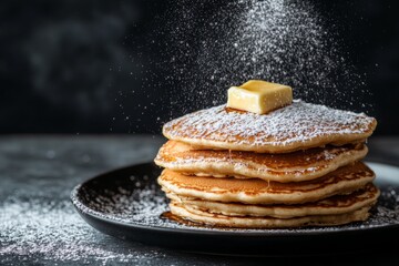 Aufkleber - Delicious fluffy pancakes topped with butter and powdered sugar on a black plate