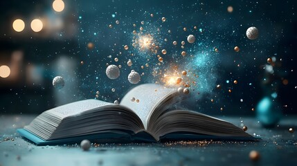 Poster - Captivating 3D Visualization of a Molecular Reaction Unfolding Within the Pages of an Open Book Showcasing the Dynamic Bonding and Breaking of Atoms Amidst Glowing Energy Flows